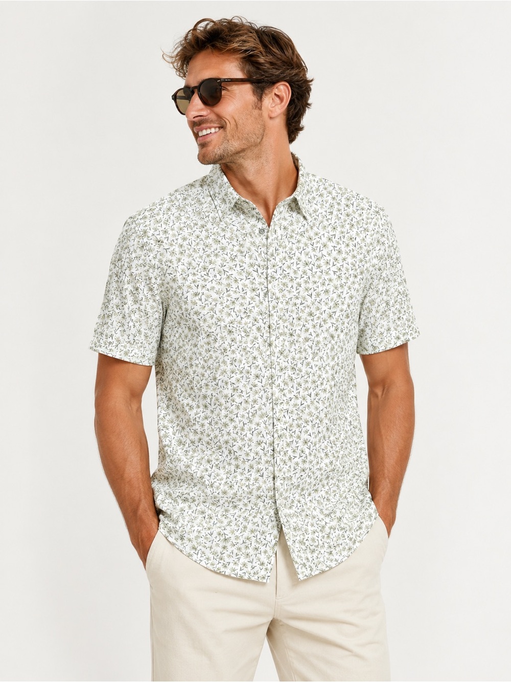 Hugo Boss Mens Short Sleeve Shirt White Green Floral Stretch Linen S NWT